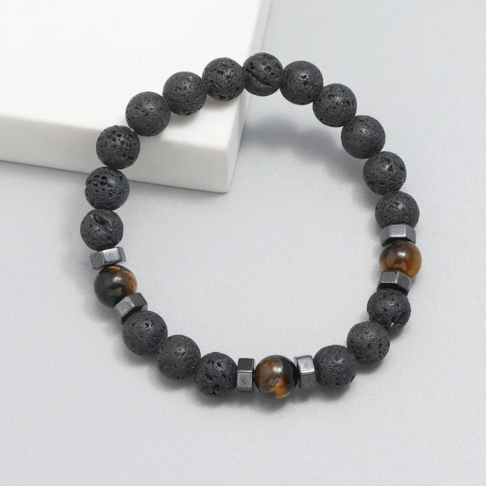 Brown Tiger's Eye & Black Volcanic Lava Rock Natural Stone Beaded Bracelet NEW